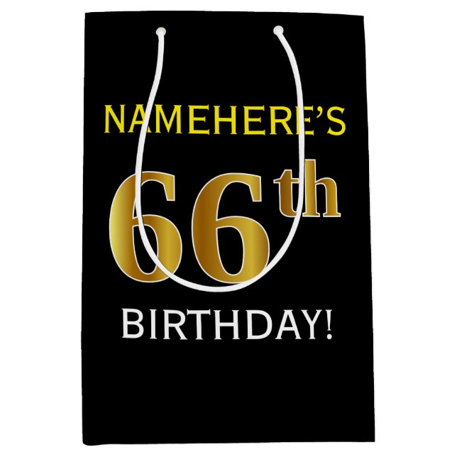 Black, Faux Gold 66th Birthday + Custom Name Medium Gift Bag (Front)