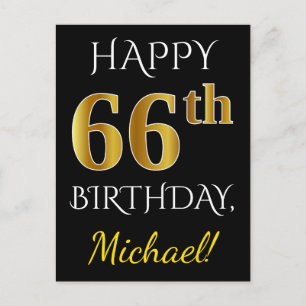 Black, Faux Gold 66th Birthday + Custom Name Postcard