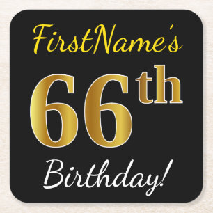 Black, Faux Gold 66th Birthday + Custom Name Square Paper Coaster