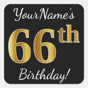 Black, Faux Gold 66th Birthday + Custom Name Square Sticker
