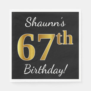 Black, Faux Gold 67th Birthday + Custom Name Napkin
