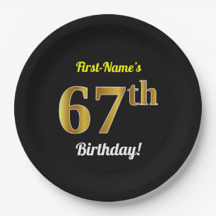 Black, Faux Gold 67th Birthday + Custom Name Paper Plate