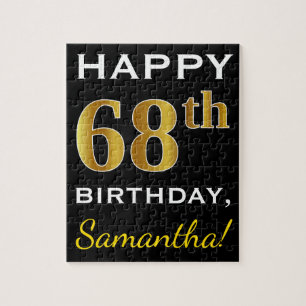 Black, Faux Gold 68th Birthday + Custom Name Jigsaw Puzzle