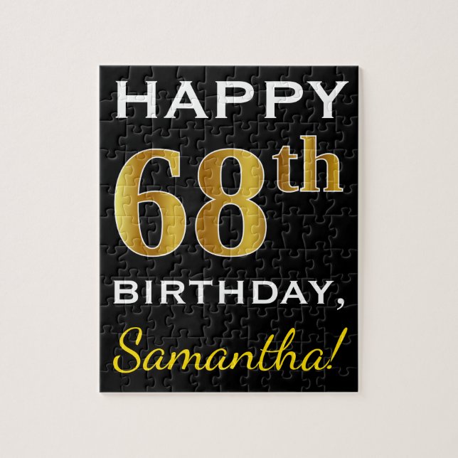Black, Faux Gold 68th Birthday + Custom Name Jigsaw Puzzle (Vertical)