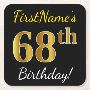 Black, Faux Gold 68th Birthday + Custom Name Square Paper Coaster