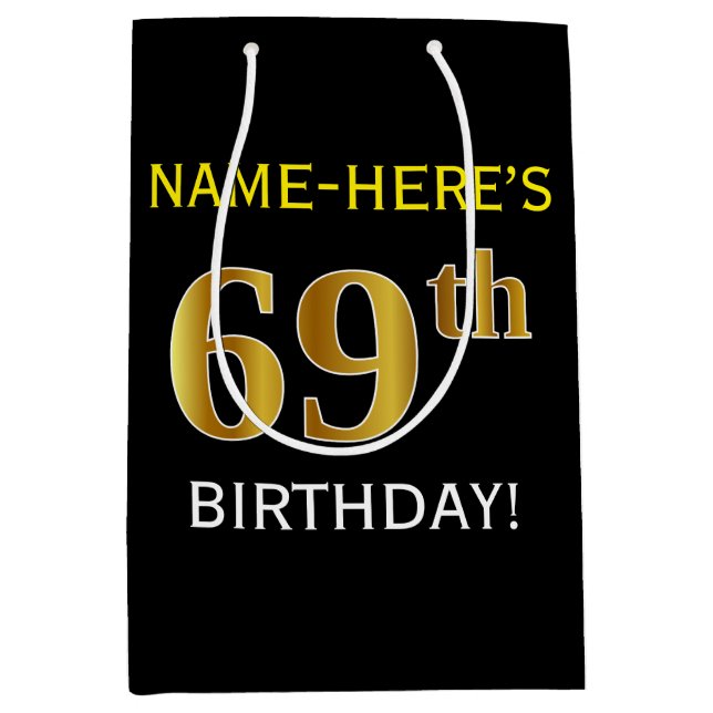 Black, Faux Gold 69th Birthday + Custom Name Medium Gift Bag (Front)