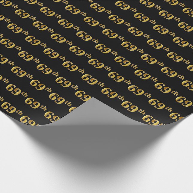 Black, Faux Gold 69th (Sixty-Ninth) Event Wrapping Paper (Corner)