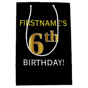 Black, Faux Gold 6th Birthday + Custom Name Medium Gift Bag