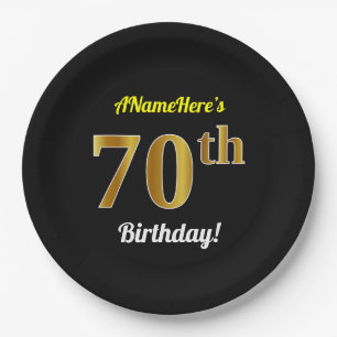 Black, Faux Gold 70th Birthday + Custom Name Paper Plate