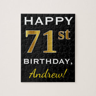 Black, Faux Gold 71st Birthday + Custom Name Jigsaw Puzzle