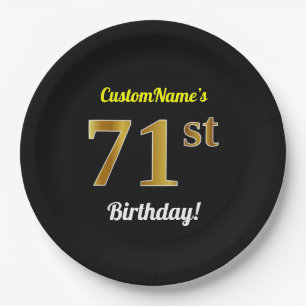 Black, Faux Gold 71st Birthday + Custom Name Paper Plate
