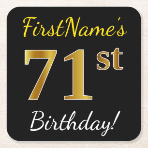 Black, Faux Gold 71st Birthday + Custom Name Square Paper Coaster