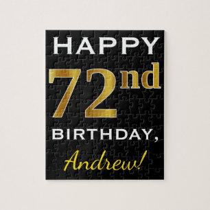 Black, Faux Gold 72nd Birthday + Custom Name Jigsaw Puzzle