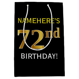 Black, Faux Gold 72nd Birthday + Custom Name Medium Gift Bag