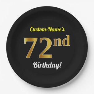 Black, Faux Gold 72nd Birthday + Custom Name Paper Plate