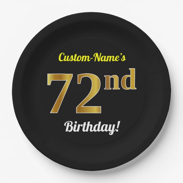 Black, Faux Gold 72nd Birthday + Custom Name Paper Plate (Front)