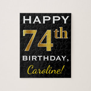 Black, Faux Gold 74th Birthday + Custom Name Jigsaw Puzzle
