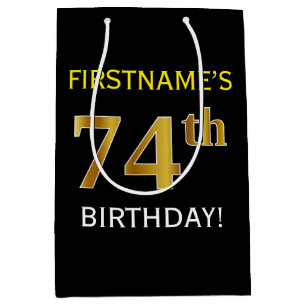 Black, Faux Gold 74th Birthday + Custom Name Medium Gift Bag