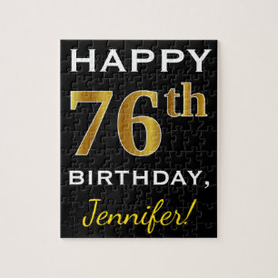 Black, Faux Gold 76th Birthday + Custom Name Jigsaw Puzzle