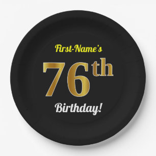Black, Faux Gold 76th Birthday + Custom Name Paper Plate