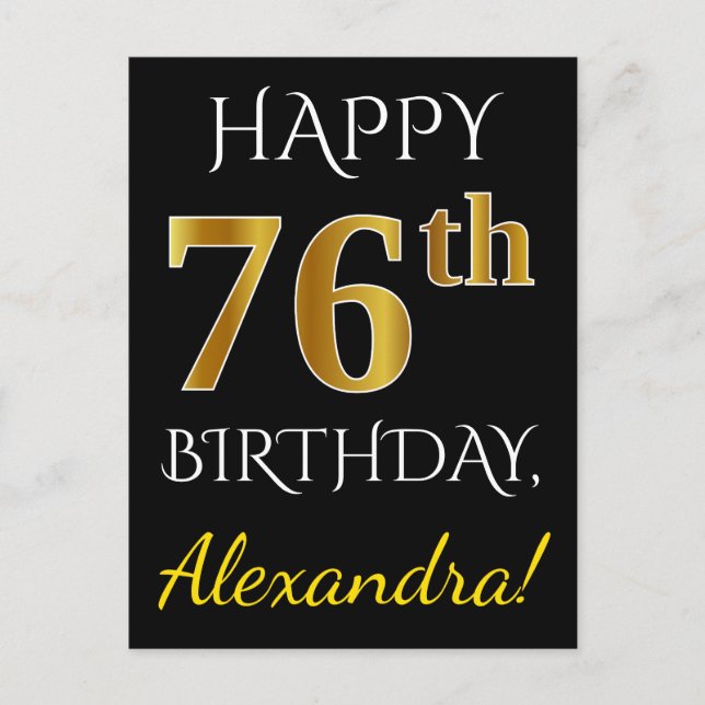 Black, Faux Gold 76th Birthday + Custom Name Postcard (Front)