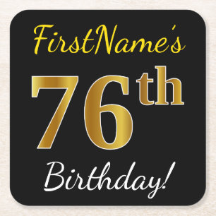 Black, Faux Gold 76th Birthday + Custom Name Square Paper Coaster