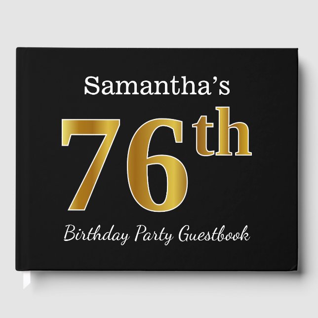 Black, Faux Gold 76th Birthday Party + Custom Name Guest Book (Front)
