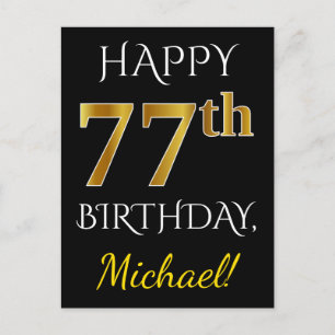 Black, Faux Gold 77th Birthday + Custom Name Postcard