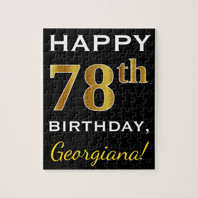 Black, Faux Gold 78th Birthday + Custom Name Jigsaw Puzzle (Vertical)