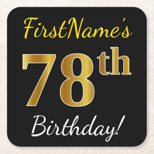 Black, Faux Gold 78th Birthday + Custom Name Square Paper Coaster