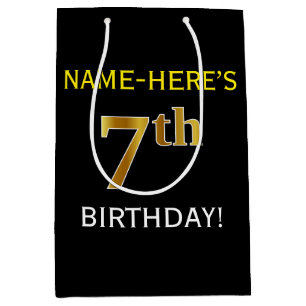 Black, Faux Gold 7th Birthday + Custom Name Medium Gift Bag