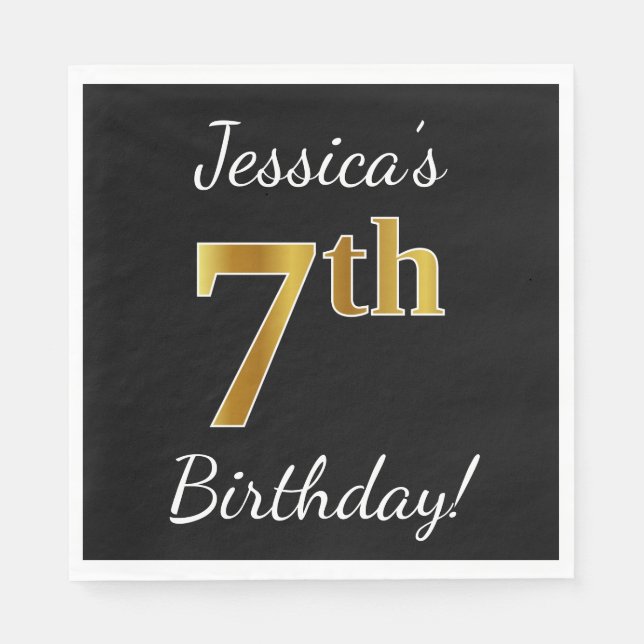 Black, Faux Gold 7th Birthday + Custom Name Napkin (Front)