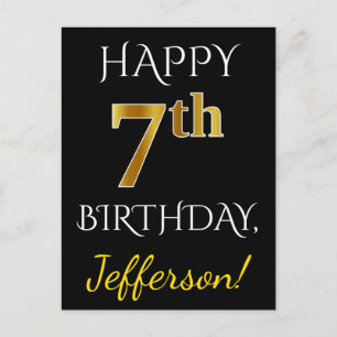 Black, Faux Gold 7th Birthday + Custom Name Postcard