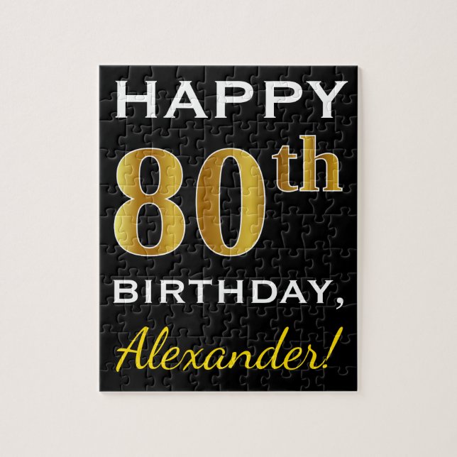 Black, Faux Gold 80th Birthday + Custom Name Jigsaw Puzzle (Vertical)