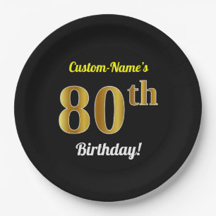 Black, Faux Gold 80th Birthday + Custom Name Paper Plate