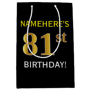 Black, Faux Gold 81st Birthday + Custom Name Medium Gift Bag