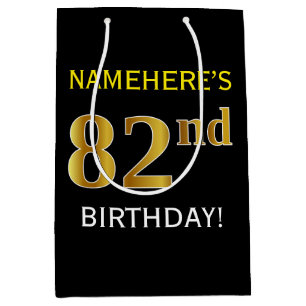 Black, Faux Gold 82nd Birthday + Custom Name Medium Gift Bag