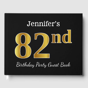Black, Faux Gold 82nd Birthday Party + Custom Name Guest Book