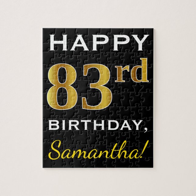 Black, Faux Gold 83rd Birthday + Custom Name Jigsaw Puzzle (Vertical)