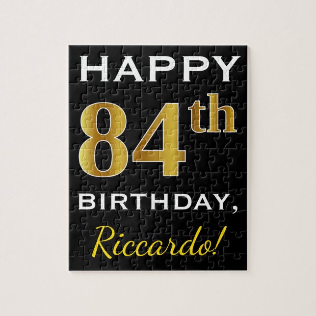 Black, Faux Gold 84th Birthday + Custom Name Jigsaw Puzzle (Vertical)