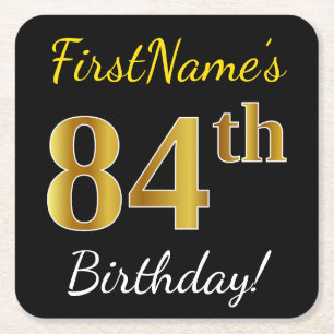 Black, Faux Gold 84th Birthday + Custom Name Square Paper Coaster