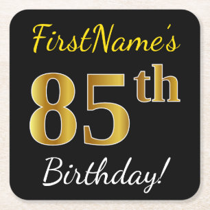 Black, Faux Gold 85th Birthday + Custom Name Square Paper Coaster
