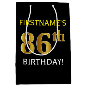 Black, Faux Gold 86th Birthday + Custom Name Medium Gift Bag
