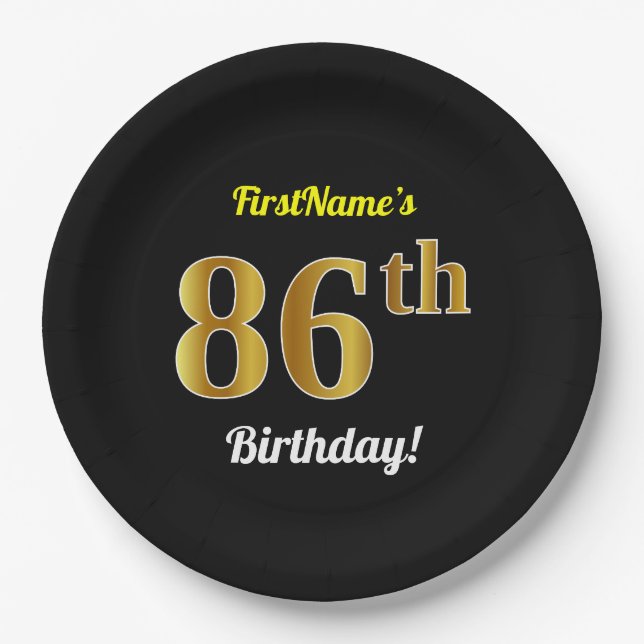Black, Faux Gold 86th Birthday + Custom Name Paper Plate (Front)
