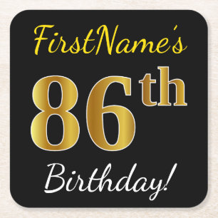 Black, Faux Gold 86th Birthday + Custom Name Square Paper Coaster
