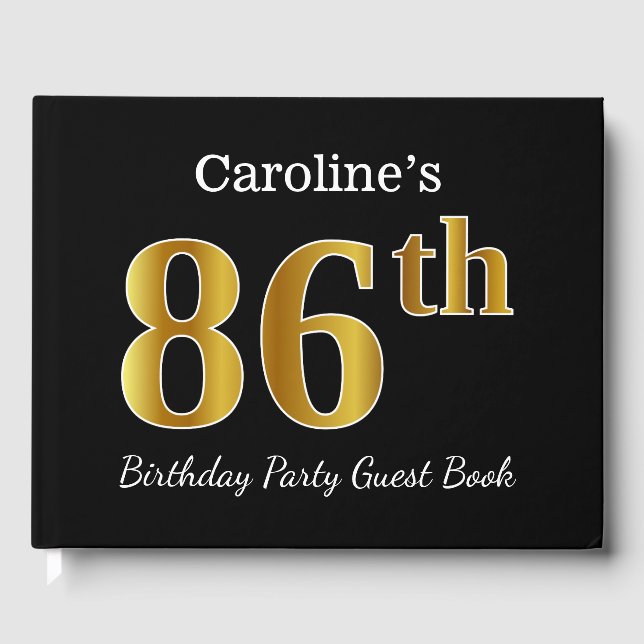 Black, Faux Gold 86th Birthday Party + Custom Name Guest Book (Front)
