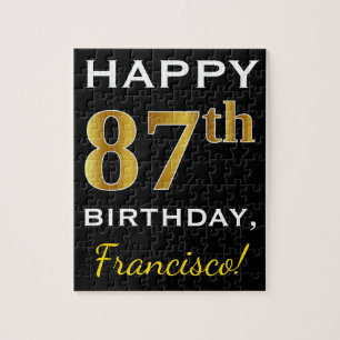 Black, Faux Gold 87th Birthday + Custom Name Jigsaw Puzzle