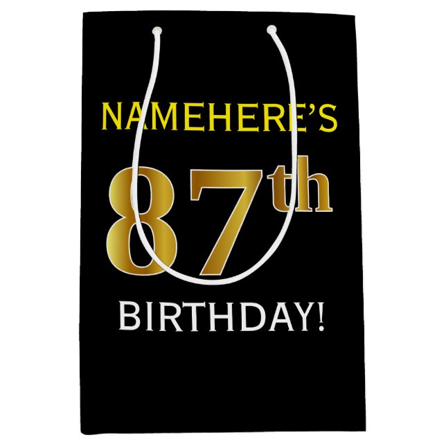 Black, Faux Gold 87th Birthday + Custom Name Medium Gift Bag (Front)