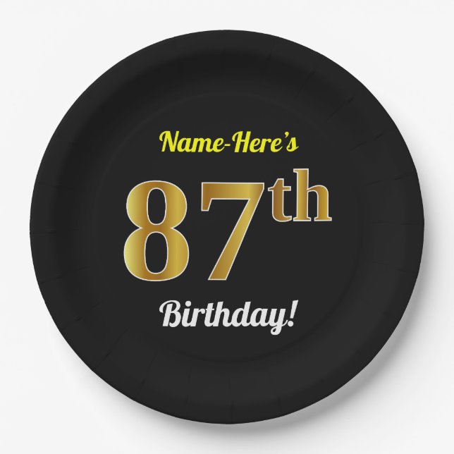 Black, Faux Gold 87th Birthday + Custom Name Paper Plate (Front)