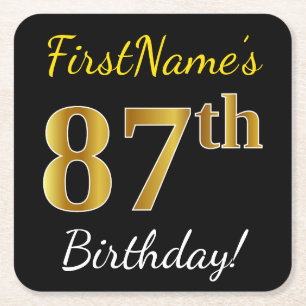 Black, Faux Gold 87th Birthday + Custom Name Square Paper Coaster